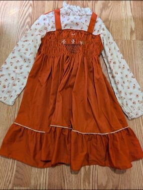 Vintage Girls Hand Smocked Pinafore Dress with Floral Blouse 7